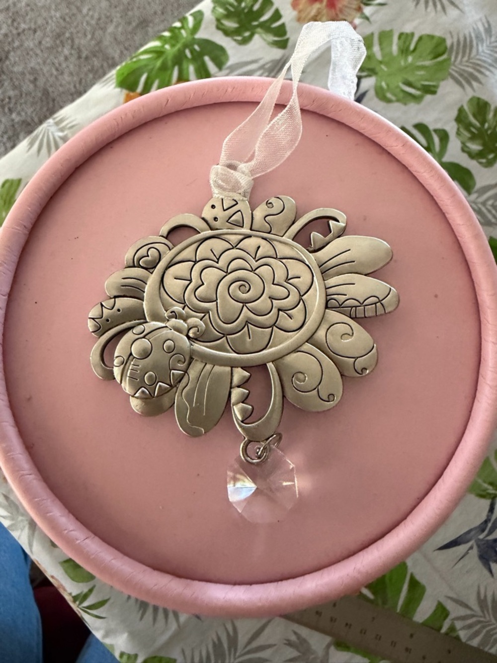 Silver Floral Sunburst decoration Pendant with Crystal Drop